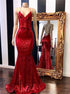 Red Sequin V Neck Spaghetti Straps Criss Cross Mermaid Prom Dress LBQ2267